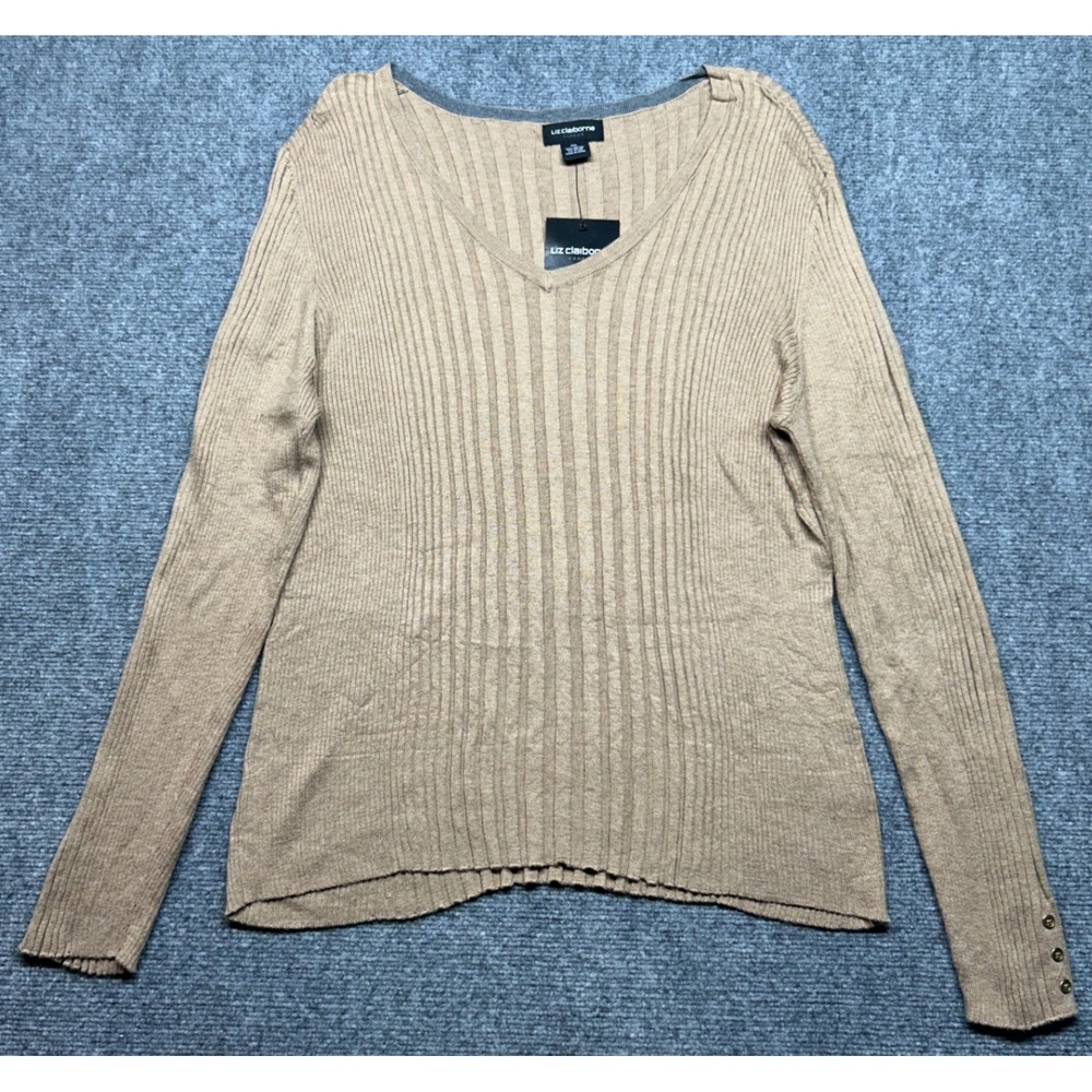 Liz Claiborne Sweater Womens 2XL Brown Ribbed Pullover V Neck Long Sleeve New
